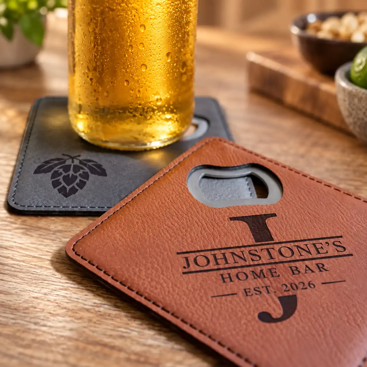 personalised faux leather bottle opener coaster