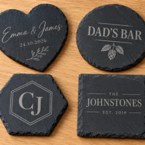 Laser Engraved Personlaised Slate Coasters On Warm Oak