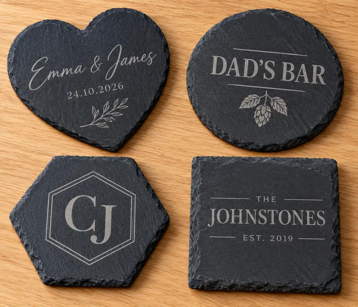 Laser Engraved Personlaised Slate Coasters On Warm Oak